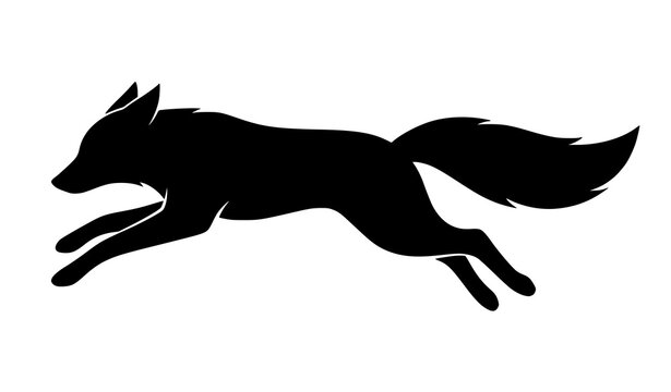Athletic fox leaping forward black silhouette isolated vector for logo and apparel