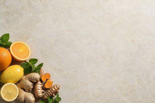Immune support food background with citrus, ginger and turmeric border and large copy space