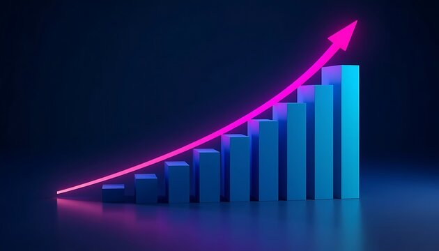 Business growth graph with rising arrow and blue purple neon lights.