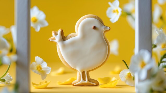 Decorative Bird Shaped Cookie Among White Flowers on Yellow Background