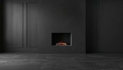 Fototapeta premium Modern Minimalist Fireplace with Flames in Dark Interior Setting