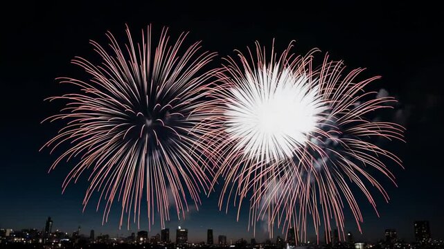 Vibrant Fireworks exploding in dark night sky over silhouetted city skyline cinematic slow motion