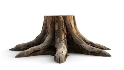 Fototapeta premium Tree Stump with Exposed Roots Isolated on White Background