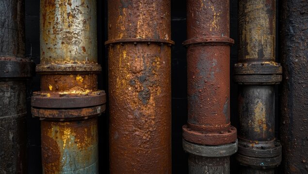 Rusty Industrial Pipes Close-Up - Textured Metal Surface, Moody Lighting