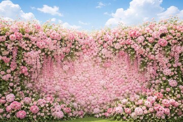 Obraz premium Floral Wall of Pink Roses with Blue Sky and Soft Clouds