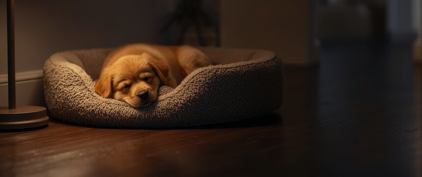 Sleepy Puppy Resting in a Cozy Bed with Warm Ambient Light