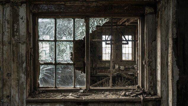 Abandoned Building Window with Broken Glass and Dusty Interior