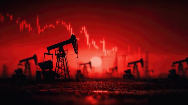 Oil Crisis Gloom: Silhouetted oil pump jacks stand against a blood-red sky with a falling stock market graph superimposed, symbolizing a global economic downturn and energy market turmoil.