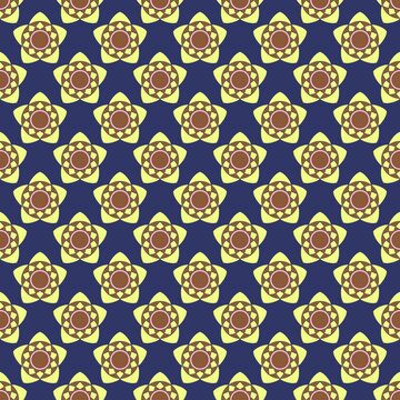Yellow and Brown Geometric Floral Seamless Pattern on Navy Blue Background