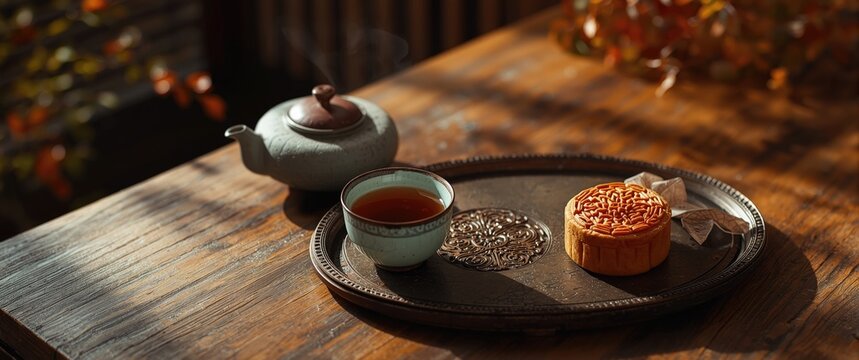 Tea and Mooncake Served on a Rustic Tray in Soft Natural Light
