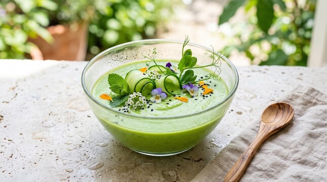 Refreshing chilled edamame soup with cucumber ribbons, mint, pea shoots and edible flowers served in a glass bowl with summer styling.
