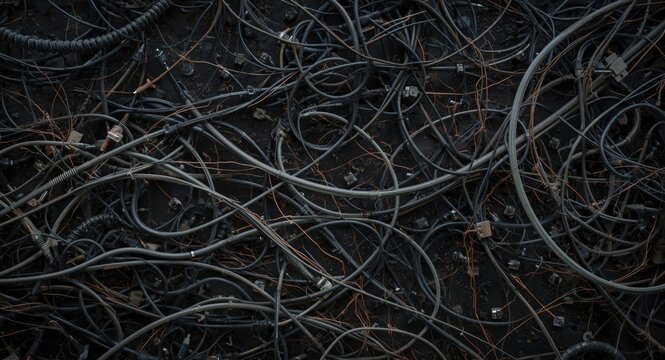 tangled black cables on a dark surface with intricate patterns