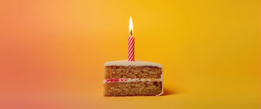 Birthday Cake Slice with Candle on Colorful Background