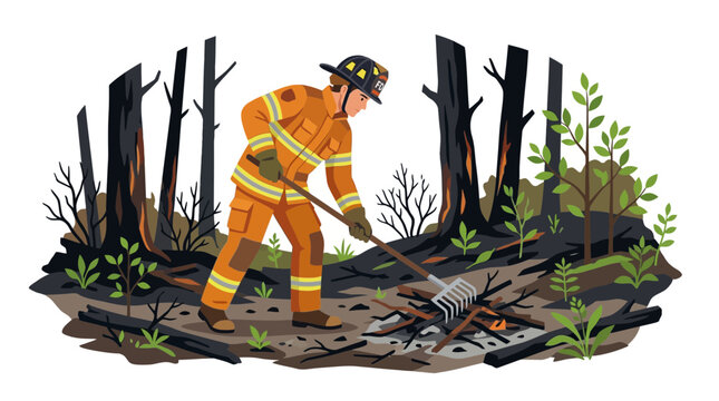 Firefighter in uniform raking forest floor after wildfire