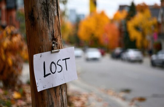 Lost pet sign clipped to a weathered wooden utility pole on a suburban street with autumn foliage in the