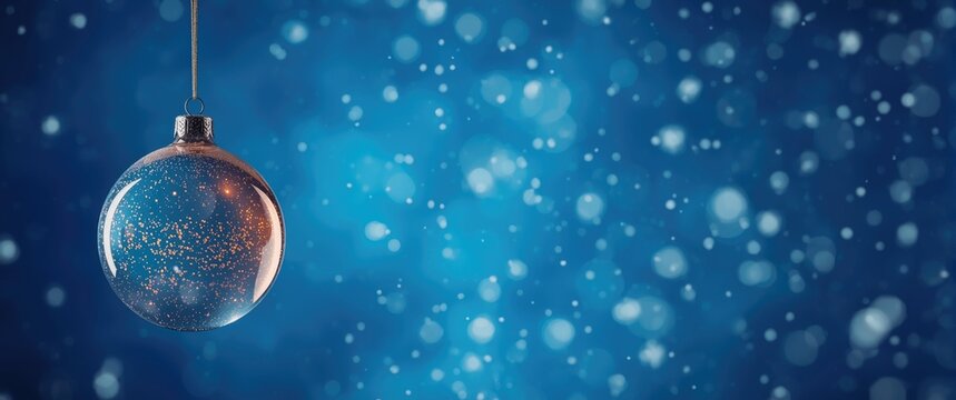 Glass Christmas Ornament Hanging Against a Blue Background with Bokeh Effect