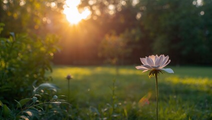 Obraz premium Lotus Flower Blooming in a Meadow at Sunrise with Soft Light