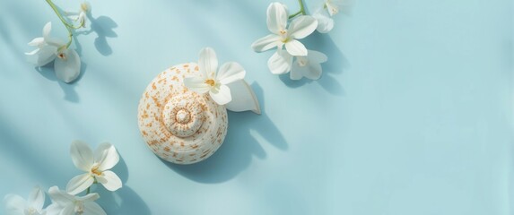 Obraz premium Seashell Surrounded by White Flowers on a Soft Blue Background
