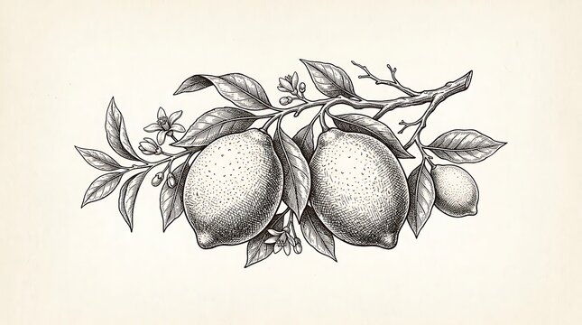 Vintage botanical illustration of lemon branch with fruits