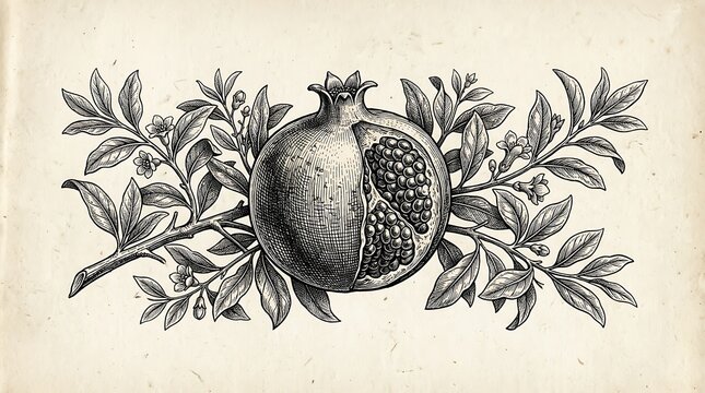 Vintage Botanical Engraving of Pomegranate Fruit and Leaves