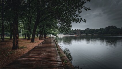 Fototapeta premium Serene Wooden Path Along Calm Lake Surrounded by Trees on a Cloudy Day
