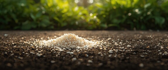 Fototapeta premium Pile of Grains on Dark Soil Under Soft Morning Light with Green Background