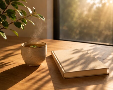 A steaming cup of herbal tea sits beside a closed book on a wooden table, bathed in warm morning sunlight filtering through a window.