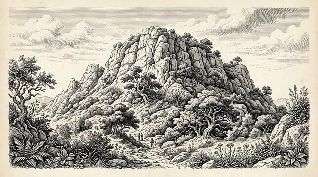 Vintage Engraving of a Rocky Mountain Hiking Trail Landscape