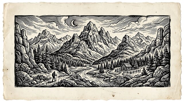Vintage Linocut Mountain Landscape with Hiker and Cabin