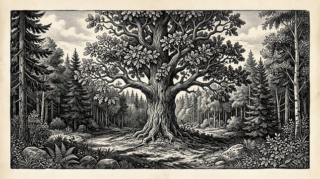 Vintage Engraving of an Ancient Oak Tree in a Forest