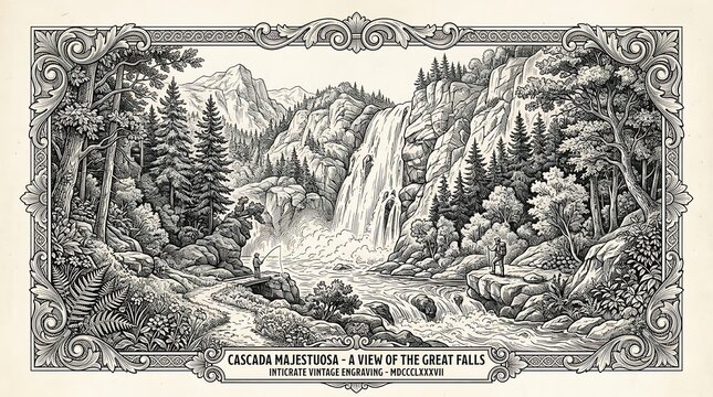 Vintage Engraving of Majestic Waterfall and Mountain Landscape
