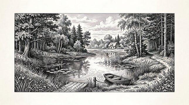 Vintage engraving of a peaceful lakeside forest with a rowboat