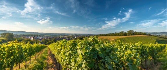 Naklejka premium Vineyard Landscape Under Clear Blue Sky in Late Afternoon Light