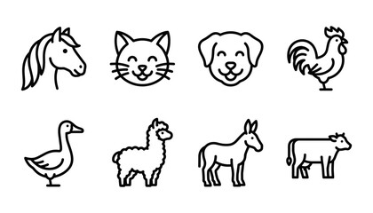 Naklejka premium Cute Farm Animals and Pets Vector Line Icon Set with Horse, Cat, Dog, Rooster, Goose, Alpaca, Donkey, and Cow