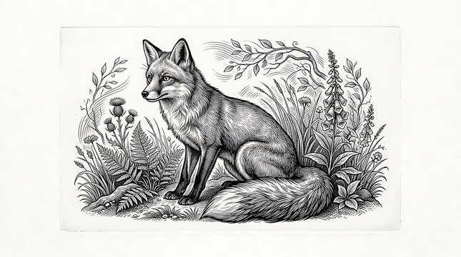 Fox illustration in forest with plants line art engraving style