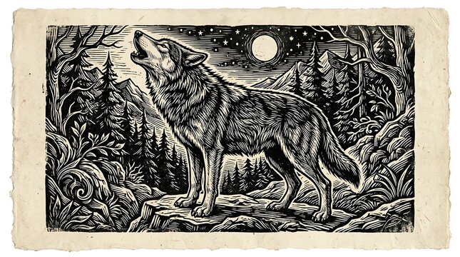 Howling wolf woodcut illustration with moon and forest background