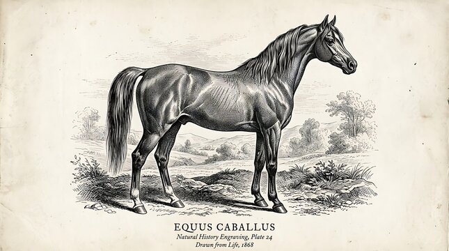 Vintage Equus Caballus Horse Engraving Illustration