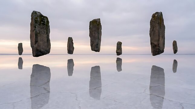 Floating monolithic stones reflected in still water under clouds.