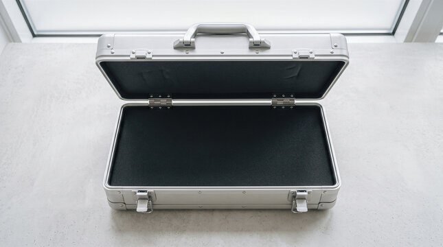 Open empty silver aluminum briefcase containing dark black protective foam interior sitting flat upon light grey concrete floor directly beneath window