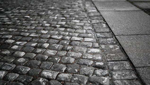 Cobblestone Street Detail with Gray Paving Stones in Black and White