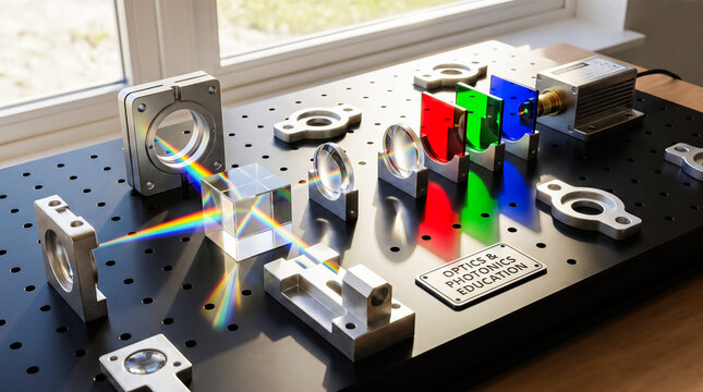 Glass prism cube splitting white light beam creating colorful rainbow spectrum across black optical breadboard beside red green blue glass filters