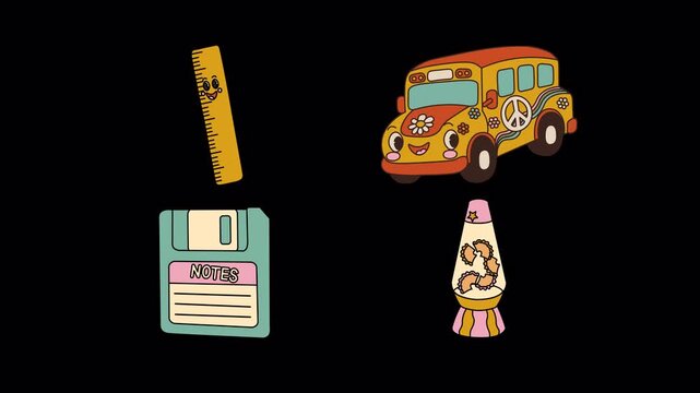 Retro groovy school bus ruler and lava lamp animated elements