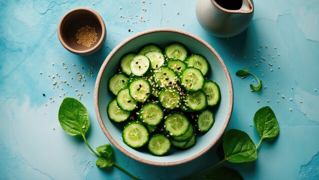 Overhead flat lay shot of smashed cucumber salad, a healthy vegan food option, green plant-based appetizer.