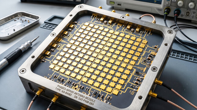 Rectangular aerospace engineering phased array antenna printed circuit board featuring numerous square golden patches enclosed within heavy metallic frame resting upon workstation