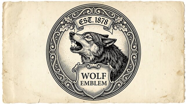 Vintage Wolf Emblem Engraving on Aged Parchment