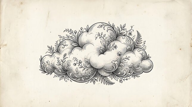 Vintage Engraved Cloud with Floral Botanical Ornamentation