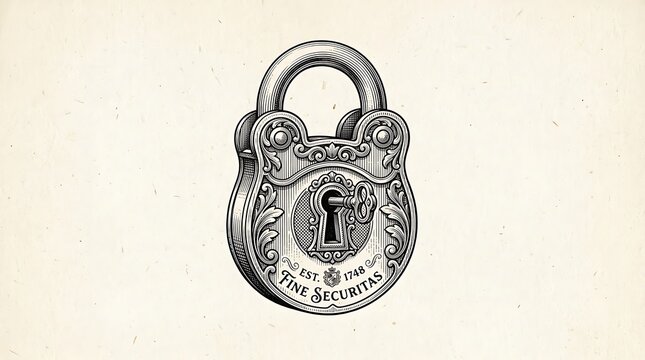 Vintage Engraved Padlock with Key Illustration