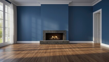 Fototapeta premium Modern Living Room with Fireplace and Blue Walls in Natural Light