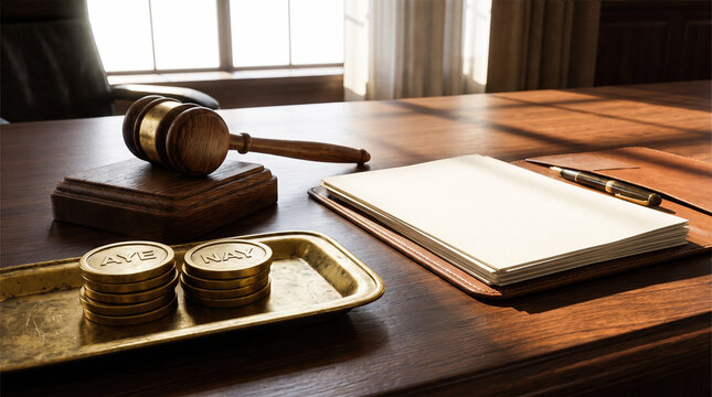 Heavy wooden gavel resting near metallic voting coins upon dark mahogany judge desk beside blank white paper notepad within courtroom interior