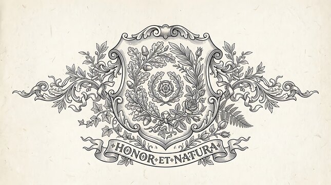 Vintage Heraldic Crest with Oak Leaves and Floral Engraving
